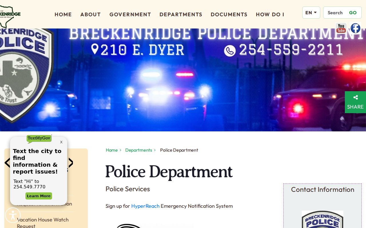 Breckenridge criminal records source at the city Police Department page