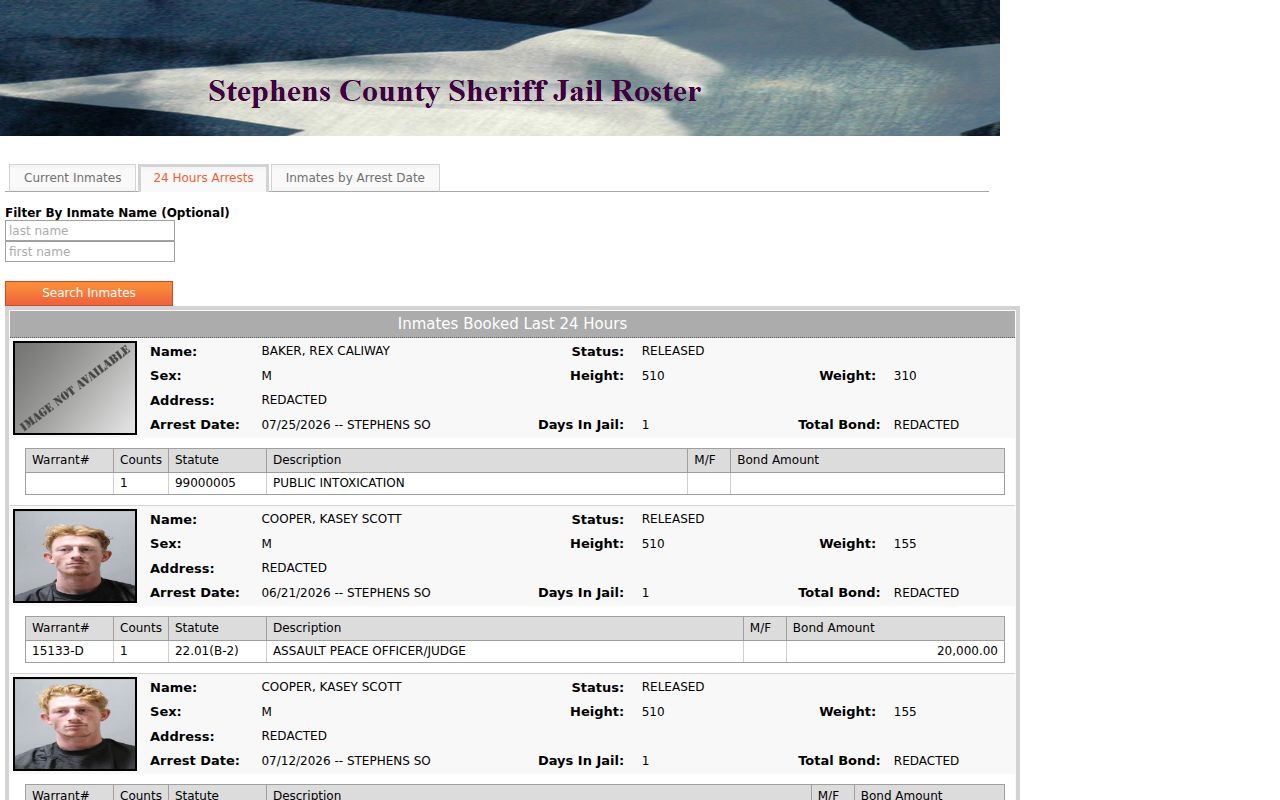 Stephens County arrest records 24 hour booking log