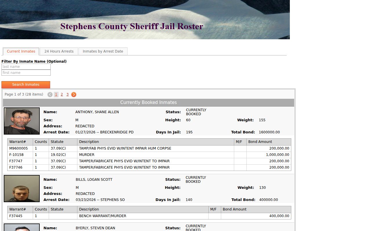 Stephens County criminal history current inmate roster