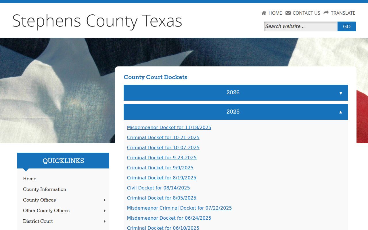 Stephens County criminal court case docket library with dated misdemeanor files
