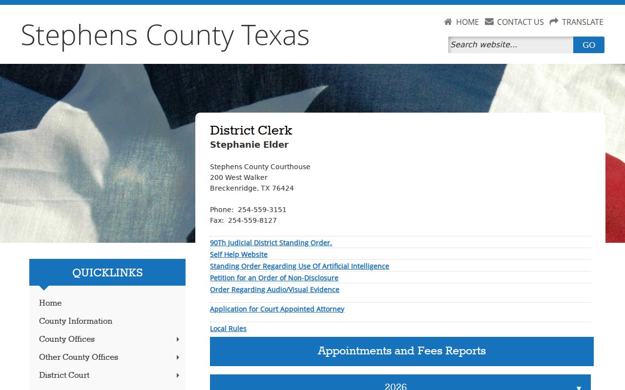Stephens County District Clerk contact for felony criminal court case files