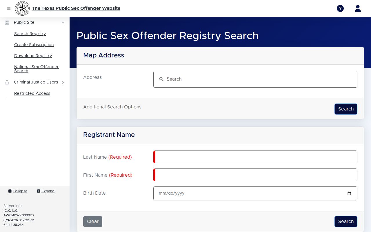 Stephens County sex offender lookup search fields on the Texas registry